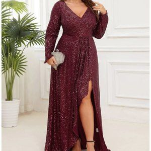 Ever Pretty Burgundy Sequin Long Sleeve High Slit Bodycon Evening Dress Size 20